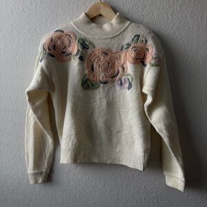 JEANNE PIERRE Petites Cream Wool and angora Blend Sweater with Floral Embroidery
